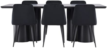 Olivia eethoek tafel 100x210cm en 6 velours stoelen zwart.