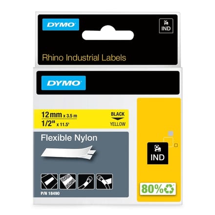 DYMO S0718080 / 18490 IND Rhino tape flexibel nylon zwart op geel 12mm (origineel)