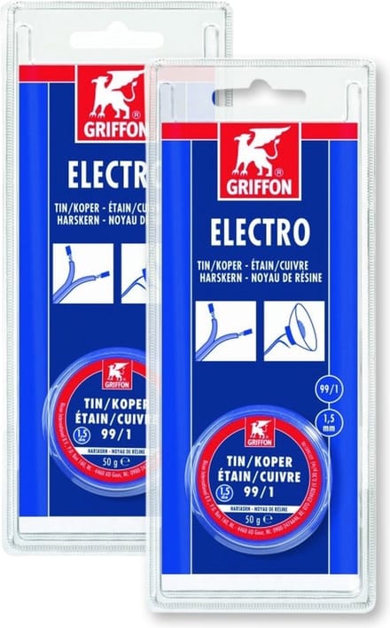Griffon electro draadsoldeer tin/koper 99/1 harskern Ø 1,5 mm. - 50 gram - 2 stuks