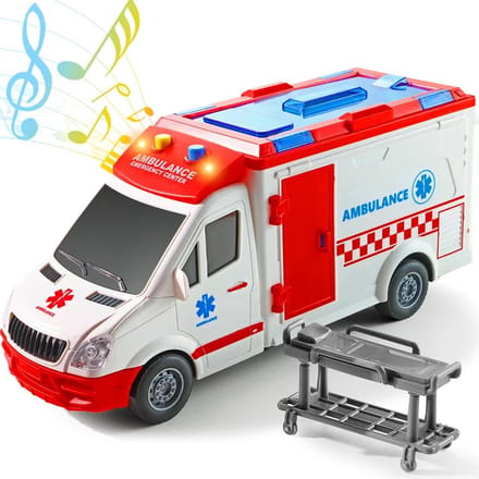 Ambulance speelgoed voertuig 25cm - pull back aandrijving - met sirene-geluid en lichtjes op - S.O.S 112