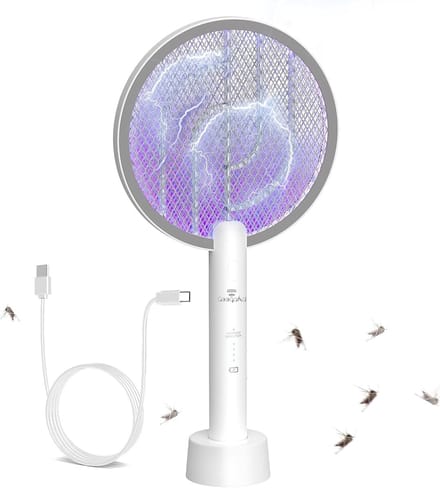 SnelShoppen - Elektrische Vliegenmepper 2 in 1 - 4000V USB Oplaadbare Insectendoder met Oplaadbasis - Voor Muggen, Vliegen, Bijen, Motten - Wit - Idea