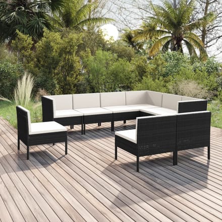 vidaXL - 9-delige - Loungeset - met - kussens - poly - rattan - zwart