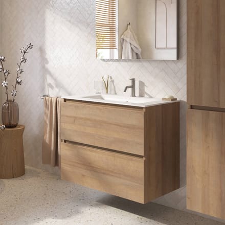Saqu Terra badmeubel incl. mat witte keramische wastafel 80x46x66cm denver eiken