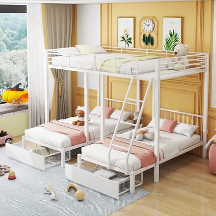 REDOM Bedframe 140x200 + 2x90x200 – Drievoudig stapelbed van metaal – Omvormbaar tot 3 losse bedden – Wit