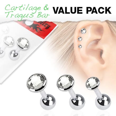 Voordeelset 3 pack oorpiercings 1.2x6 mm - wit - LMPiercings