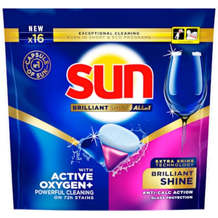 Sun - Vaatwascapsules - Brilliant Shine - All-in 1 - een capsule met Active Oxygen+ - 16 Vaatwastabletten