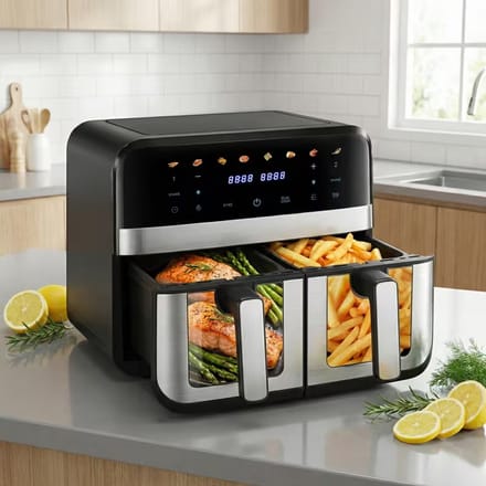 9.4L Airfryer met 2 Kamers & Kijkvenster – Dubbele Heteluchtfriteuse 8-in-1 – Touchscreen & Antiaanbak Mandjes