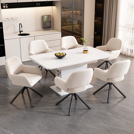 MODFU Eetkamerstoel - Draaibaar Met Armleuningen - Modern - Fluweel En Metaal - Beige - Set Van 6