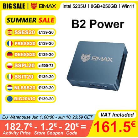 BMAX B2 Power Mini-PC – Intel 5205U – 8 GB DDR4 – 256 GB NVMe SSD – Windows 11 Pro – 4 K-graphic – Compact & Upgradable