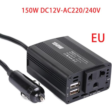 150W Auto Stroomomvormer DC 12V naar AC Converter met Dubbele USB Auto Oplader zwart