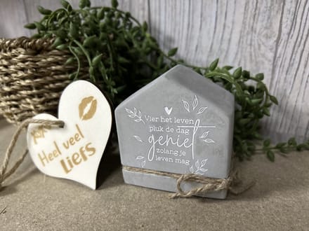 Creaties van Hier – Cement house Pluk de dag met houten hartje - 8 cm – Cement