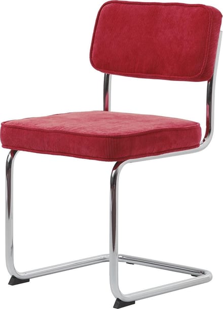 Set van 4 Ruffle eetkamerstoel in rode stof en chromen onderstel.