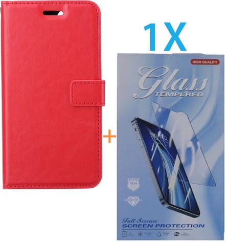 Bookcase Geschikt voor: Apple iPhone 16 Pro Max - Rood - portemonnee hoesje - + 1X Tempered Glass Screenprotector