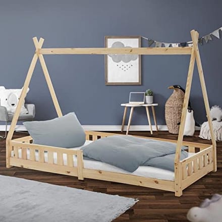 Kinderbed Tipi 90x200 cm - Natuurlijke Houten Kinderbed met Valbeveiliging