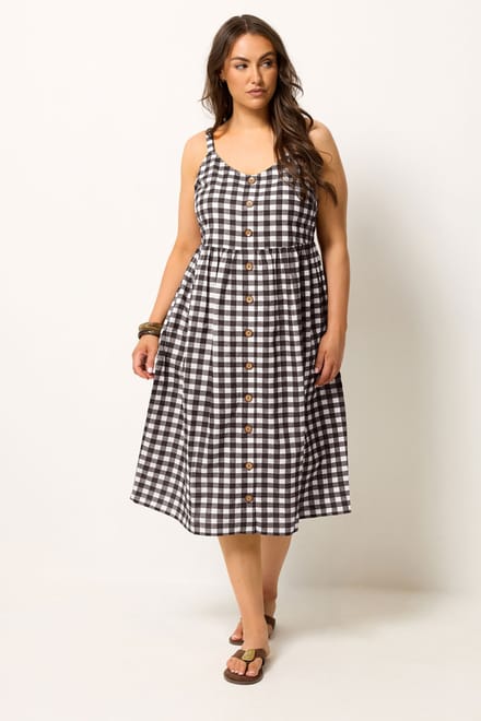 Yours Chocoladebruine Gingham Linnen Jurk Size 48