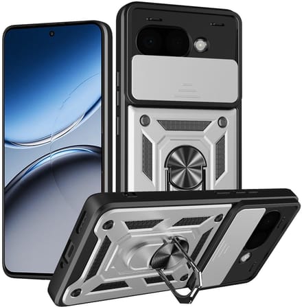 MobyDefend Hoesje - Geschikt voor Google Pixel 9a - Pantsercase Met Draaibare Ring - Zilvergrijs