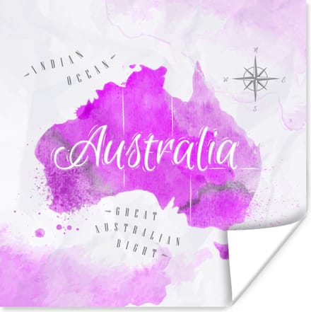 Poster Wereldkaart - Australië - Roze - 30x30 cm