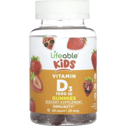 Kinder Vitamine D3 Gummies, Natuurlijke Aardbeiensmaak, 25Mcg (1.000 IE), 60 gummies