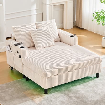 Chaiselongue - Groot - LED en USB - met Bekerhouders en Zachte Zitting - Textiel - Beige