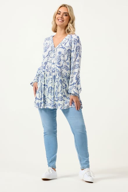 Yours Blauwe Blouse Met Paisleyprint En Ruches Size 48