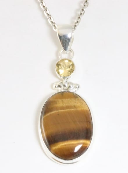 Zilveren hanger met tijgeroog en citrien aan ketting