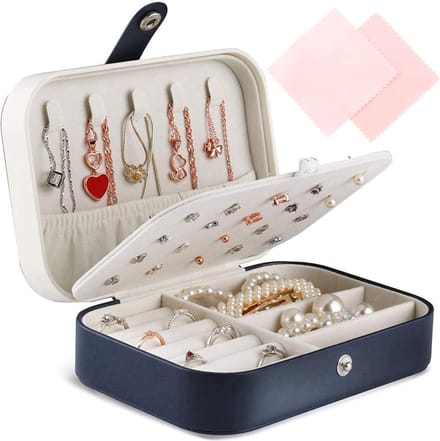 Behave Luxe Sieradendoos Dames met Spiegel & Druksluiting – Blauw/Wit – Compacte Reis Sieraden Organizer – Incl. 2 Poetsdoekjes