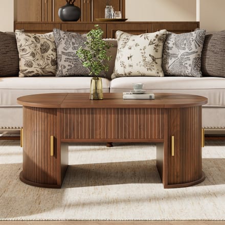 Moderne verstelbare salontafel - woonkamer salontafel met verstelbare hoogte - open legplanken en opbergruimte - walnotekleur
