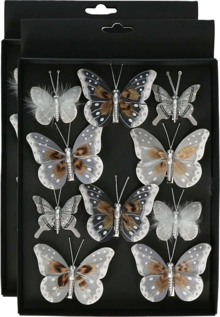 Othmar Decorations Decoratie vlinders op clip - 10x- grijs/zilver- 5-8 cm - kunststof