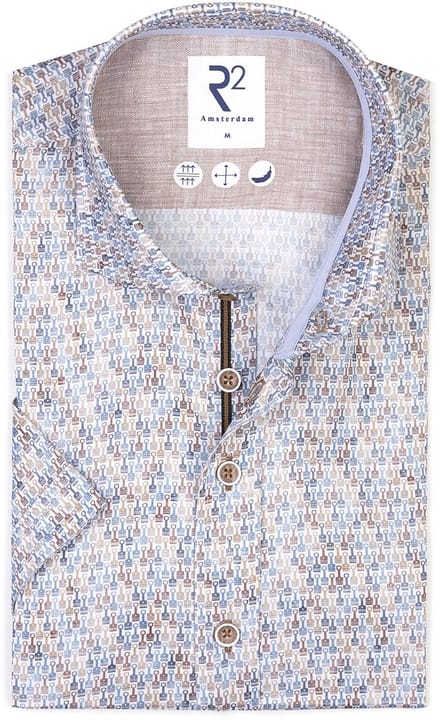 R2 Overhemd Korte Mouwen Print Blauw - Maat 39 - Heren - Overhemden Formeel