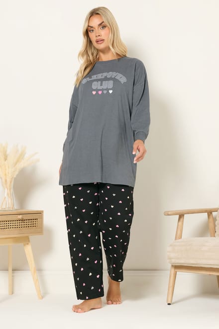 Yours Grey 'Sleepover Club' Pyjamaset Met Wijde Pijpen Size 58-60