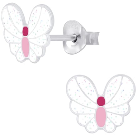 Joy|S - Zilveren vlinder oorbellen - 8 x 7 mm - wit met glitter en roze - sterling zilver 925 - vlinder kinderoorbellen