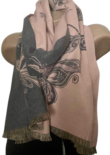 Sjaal met Vlindermotief – Herfst/Winter - 190x85CM grijs/roze