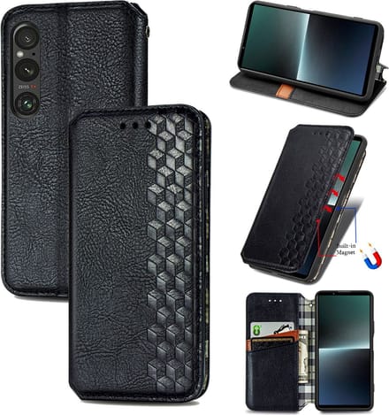 Luxe PU Lederen Ruitpatroon Wallet Case + Glas Screenprotector voor Sony Xperia 1 V _ Zwart