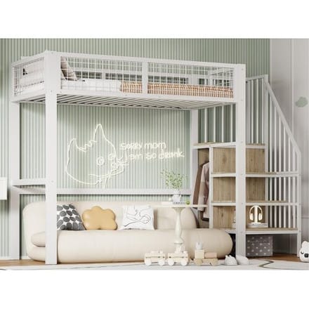 ModernLuxe Hoogslaper 90x200 cm met kledingkast en trap - metalen frame - Wit