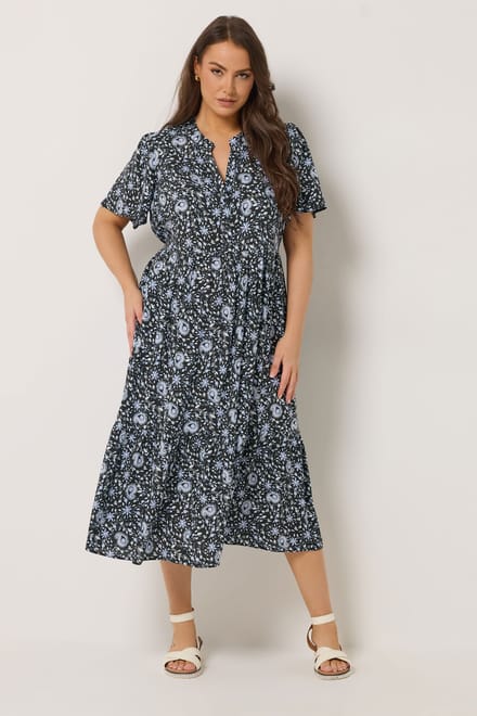 Yours Zwarte Maxijurk Met Bloemenprint En Halve Knoopsluiting Size 44