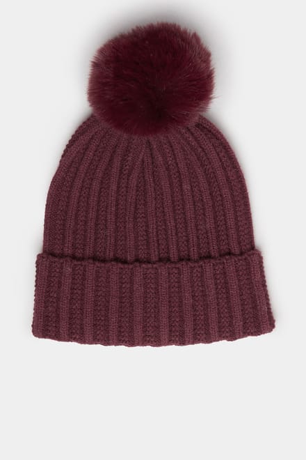 Yours Bordeauxrode Muts Met Pompon Van Imitatiebontsize One Size