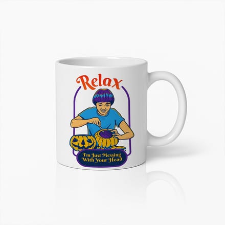 Witte Mok 330ml – “Relax, I’m Just Messing With Your Head” Grappige Retro Illustratie Koffiebeker