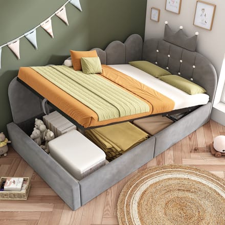 Sweiko Kinderbed - 90 x 200 cm - Opbergruimte - Velvet - Kroonvorm - Grijs