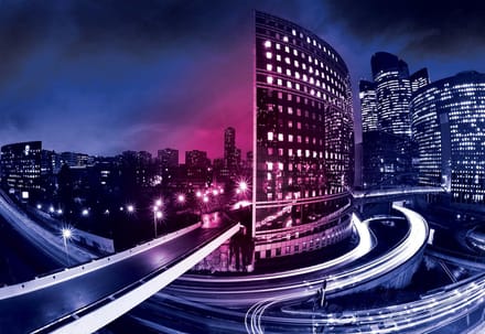 Fotobehang City Skyline Night | PANORAMIC - 250cm x 104cm | 130g/m2 Vlies