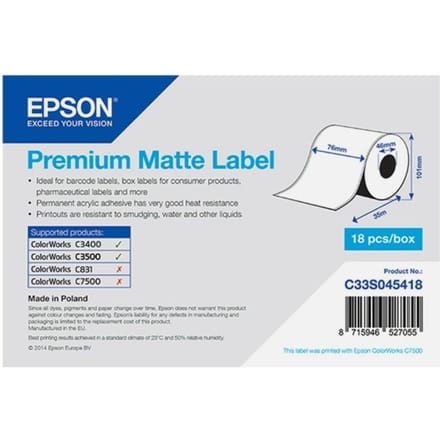 Epson C33S045418 Premium Matte (76mm x 35m) Etiket Wit (Doorlopende rol)