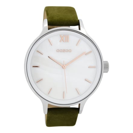 OOZOO Timepieces - Zilverkleurige horloge met groene leren band - C8603