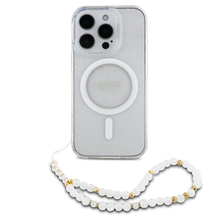 Guess MagSafe IML Glitter Case met beads strap voor de Apple iPhone 16 Pro Max - Transparent