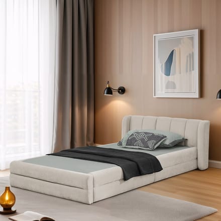 MODFU - Bedframe 90x200 cm – Chenille met ergonomisch hoofdbord – Minimaal design – Beige