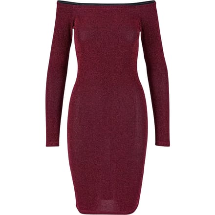 Urban Classics - Off Shoulder Longsleeve Glitter Bodycon jurk - L - Bordeaux rood