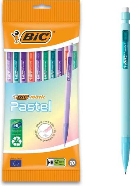 BIC Matic Fun Pastel - Vulpotlood - Pastel - Met gum - Potloden - 3 navullingen - 10 Stuks