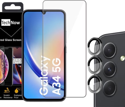 Screenprotector geschikt voor Samsung A34 + Beschermglas Camera Lens