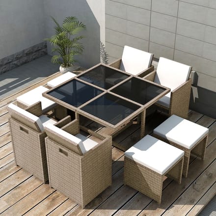 vidaXL - 9-delige - Tuinset - met - kussens - poly - rattan - beige