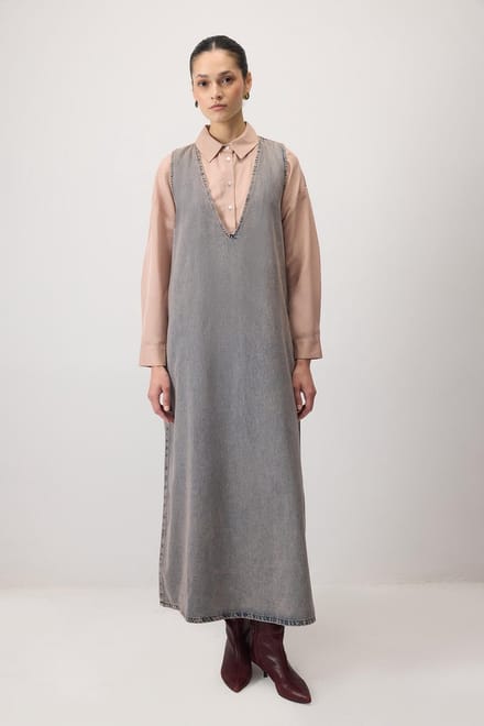 Touché Privé - V-hals denim overgooier - Bruin - Dames