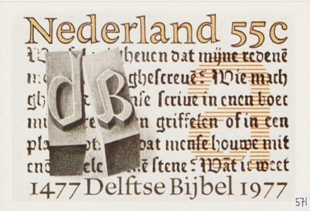 Briefkaart met afbeelding Lettertypen en Bijbelfragment postzegel