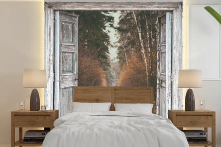 Behang - Fotobehang Treinrails - Herfst - Doorkijk - Bos - Breedte 280 cm x hoogte 280 cm